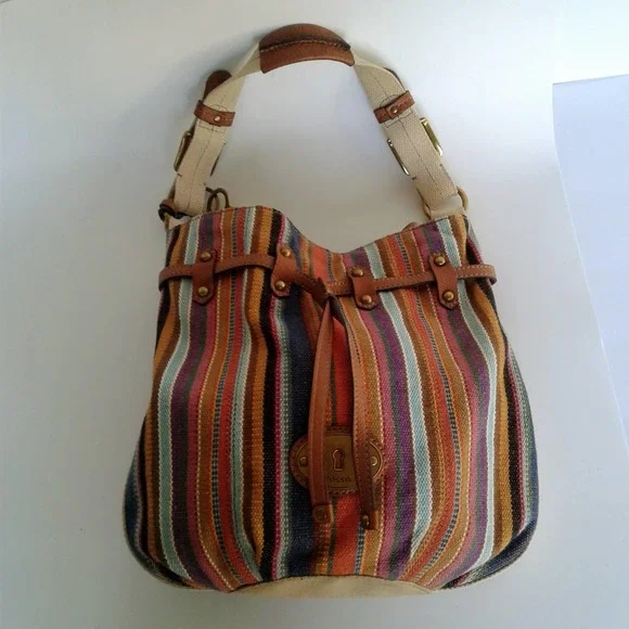Fossil  Striped Women's Brown Canvas Shoulder Bag Leather Accents Handbag Medium - Picture 2 of 12